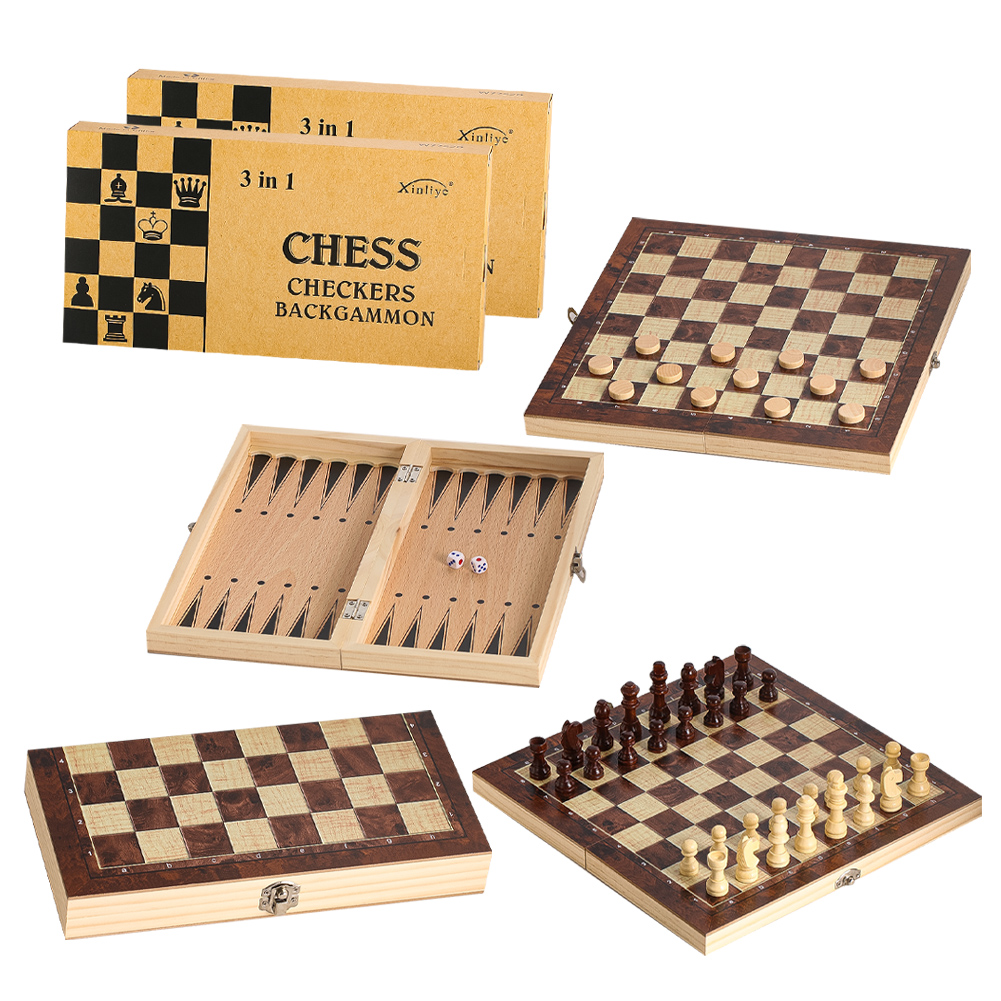 Board Game Vantage - Wooden 3-in-1 Checkers Backgammon and Chess